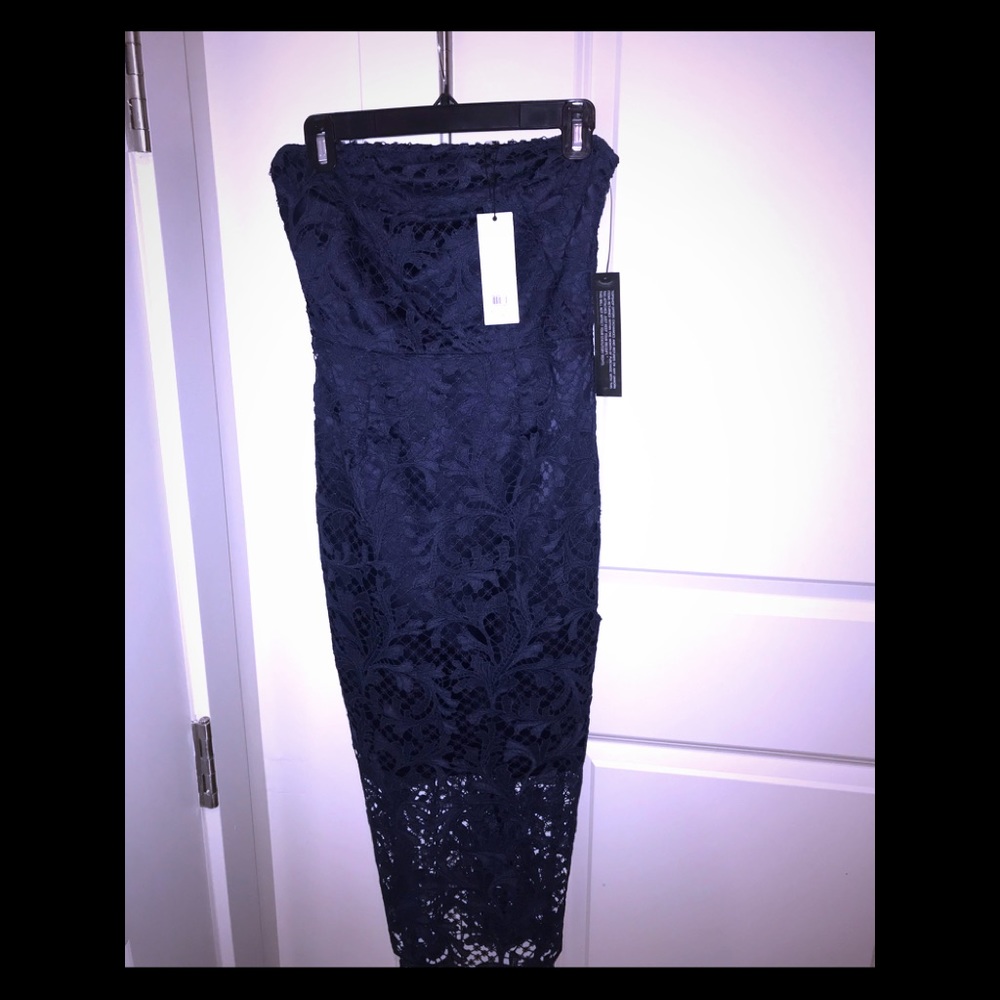 Topshop navy strapless lace midi cocktail dress